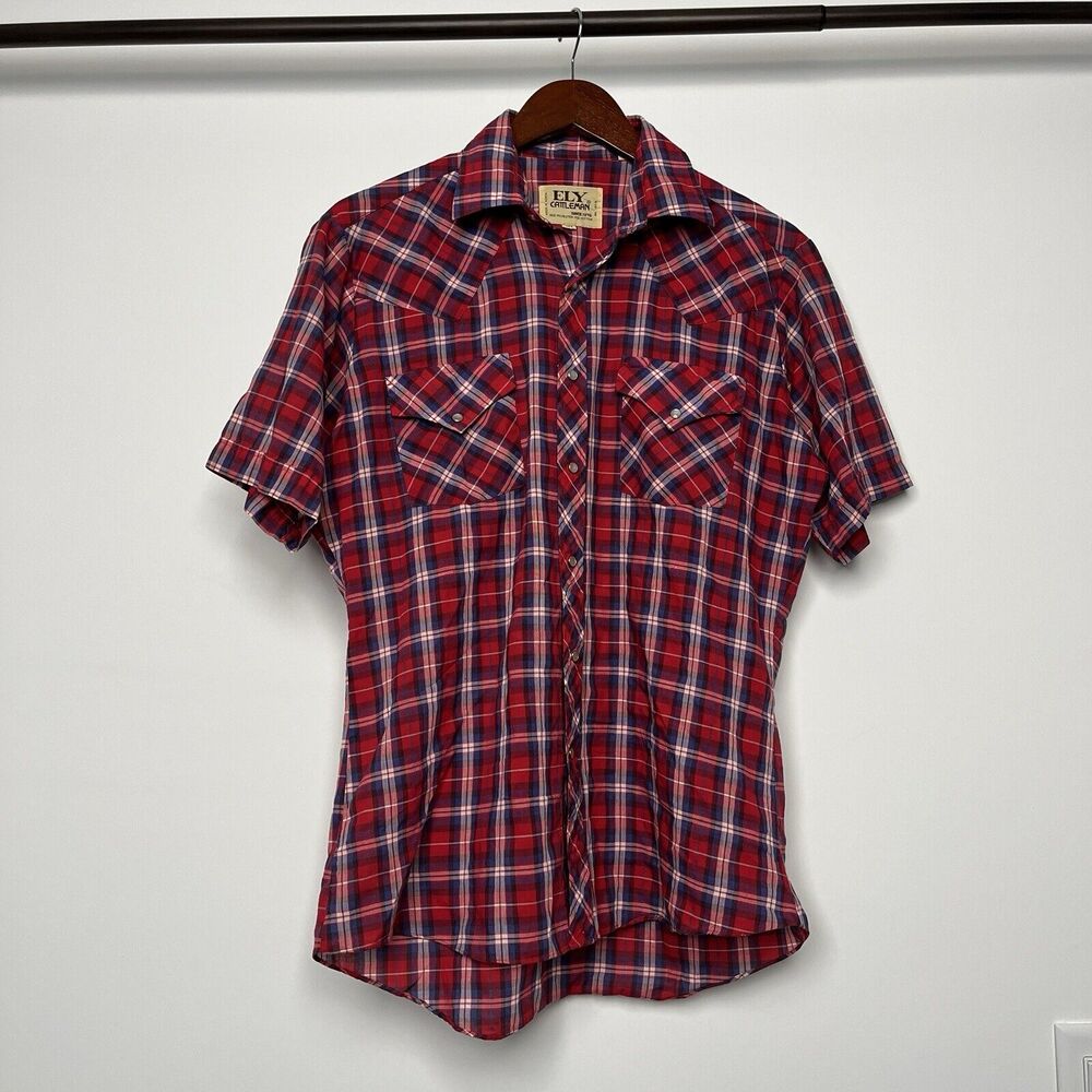 VINTAGE ELY CATTLEMAN PLAID SHIRT WESTERN PEARL SNAP KOREA POLYESTER SIZE 15 1/2